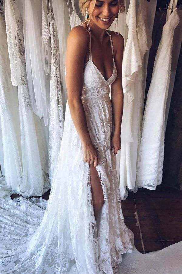 spaghetti straps cross back backless beach lace wedding dress