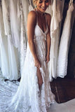 spaghetti straps cross back backless beach lace wedding dress