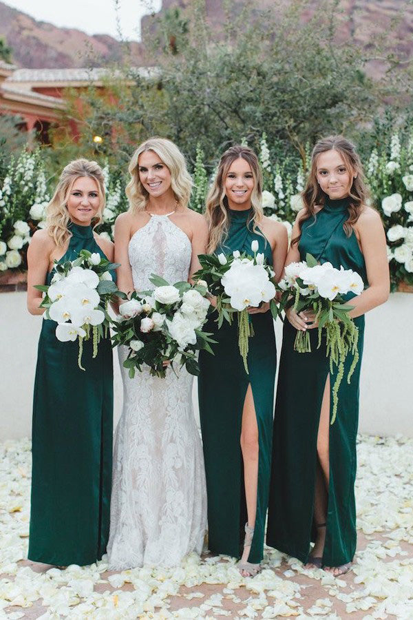 Simple Sheath High Neck Dark Green Long Bridesmaid Dresses with Split PB14