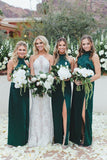 Simple Sheath High Neck Dark Green Long Bridesmaid Dresses with Split PB14