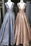 A-line V-neck Long Sparkle Prom Dresses, Sequins Beading Party Dress MP70