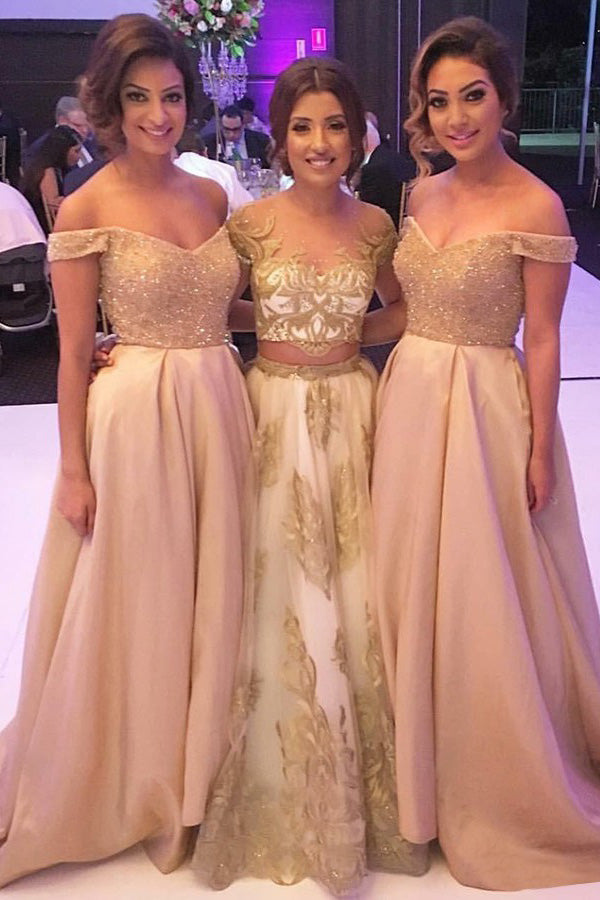 Off Shoulder Beading Bodice Long Bridesmaid Dresses with Pockets PB19