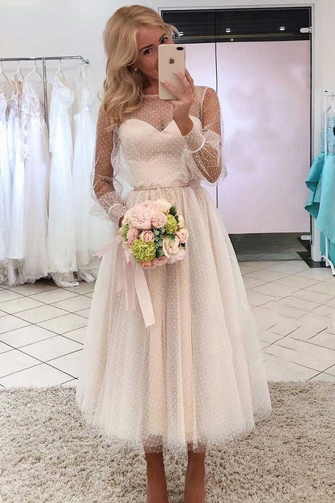 tea length tulle prom dress new dot a line long sleeves evening dress