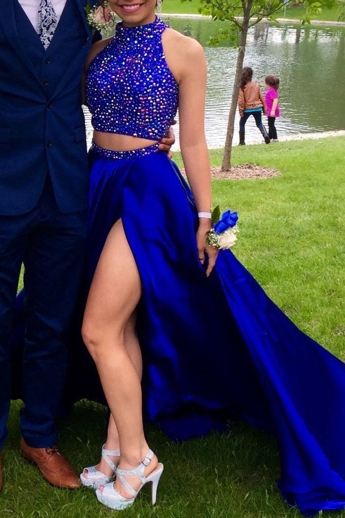 two piece prom dresses high neck beading evening dress with slit