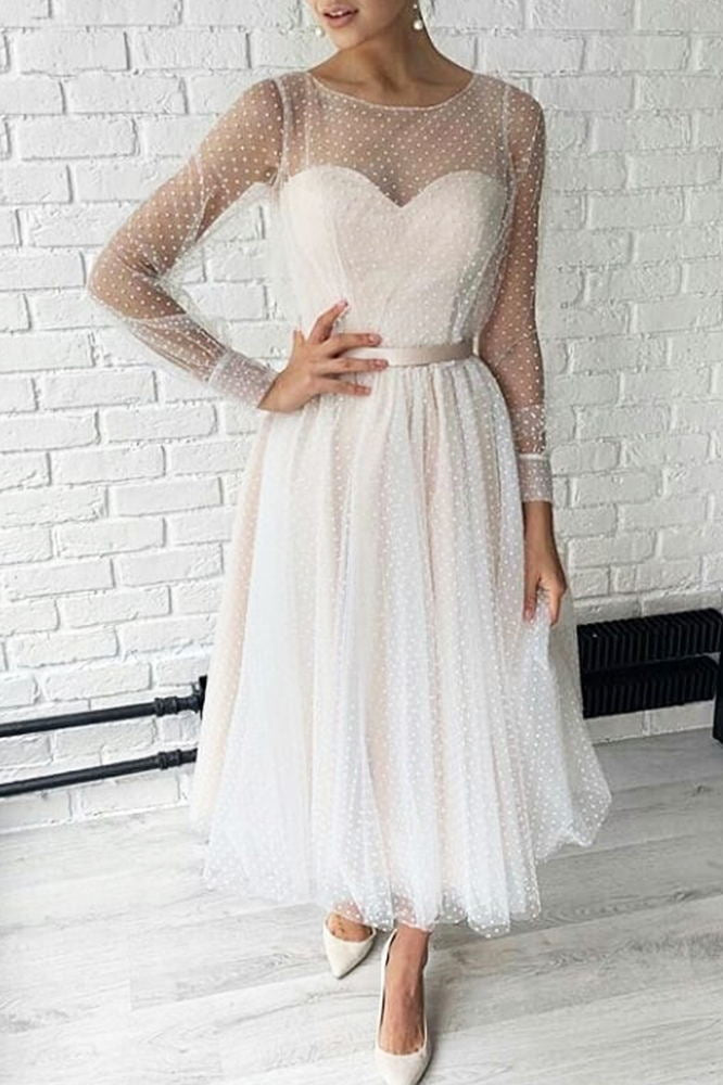 tea length tulle prom dress new dot a line long sleeves evening dress