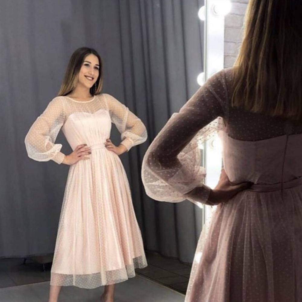 tea length tulle prom dress new dot a line long sleeves evening dress