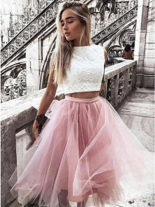 elegant tulle two piece bateau blush homecoming dress