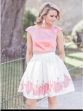 Bateau Pink Two Piece Cap Sleeve Floral Print Homecoming Dress GM288