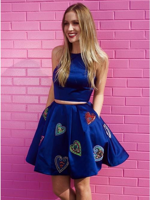 royal blue two piece round neck homecoming dress with pockets
