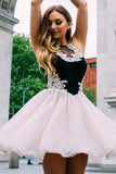 A-Line Black Chiffon Homecoming Dress with Lace Applique GM290