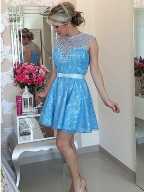 a line jewel keyhole back lace short prom homecoming dress with bowknot