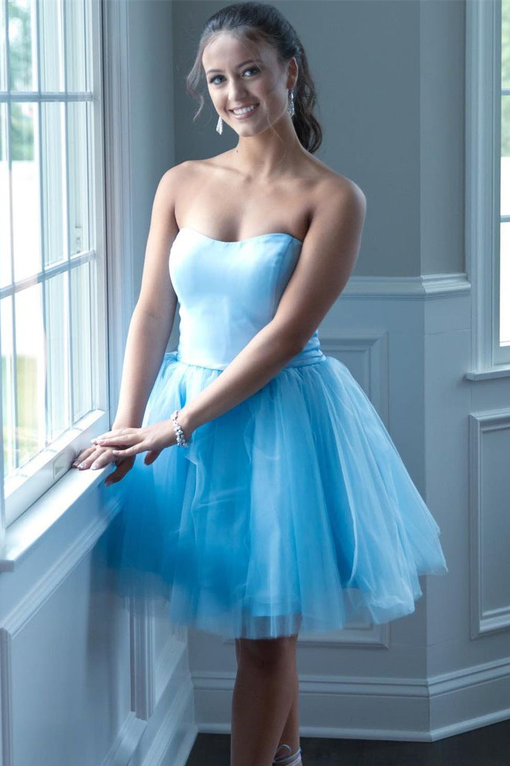 strapless light blue short homecoming dress a line tulle party dress