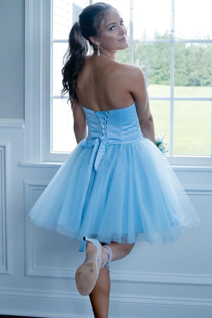 strapless light blue short homecoming dress a line tulle party dress