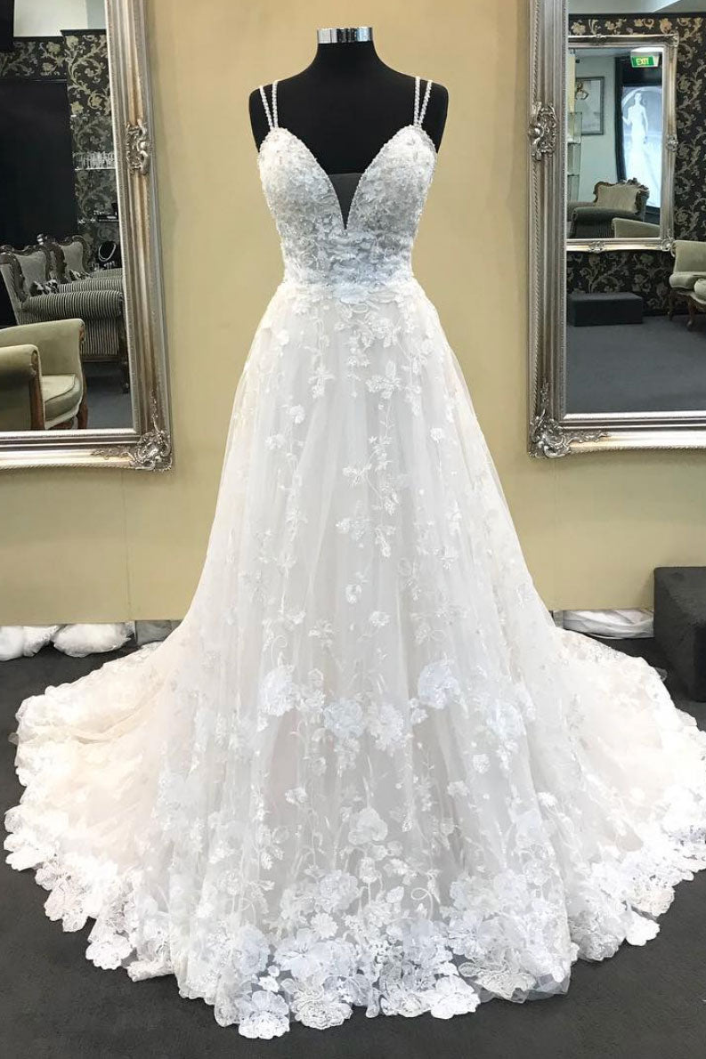 a line v neck lace long wedding dresses ivory spaghetti straps bridal gown