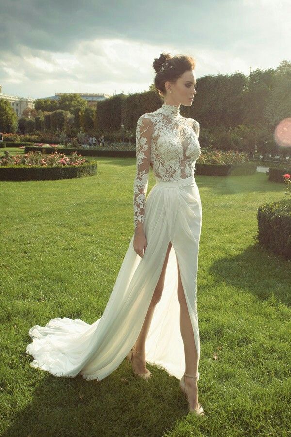 gorgeous lace long sleeve high neck chiffon wedding dress with side slit