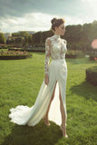 gorgeous lace long sleeve high neck chiffon wedding dress with side slit