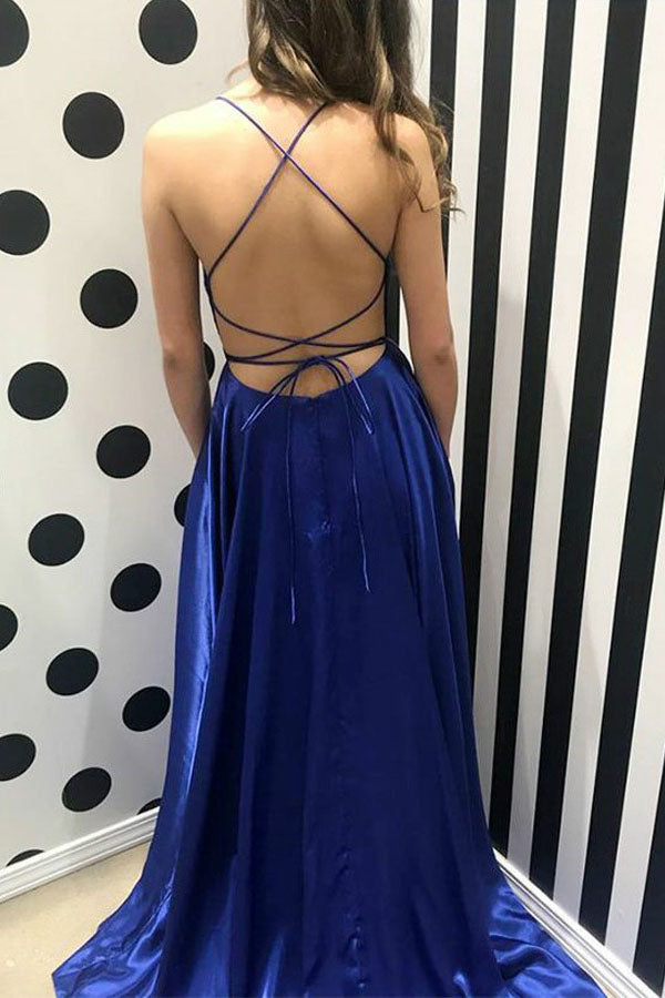 royal blue simple long prom dresses split evening party with pockets
