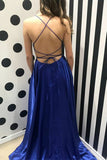 royal blue simple long prom dresses split evening party with pockets