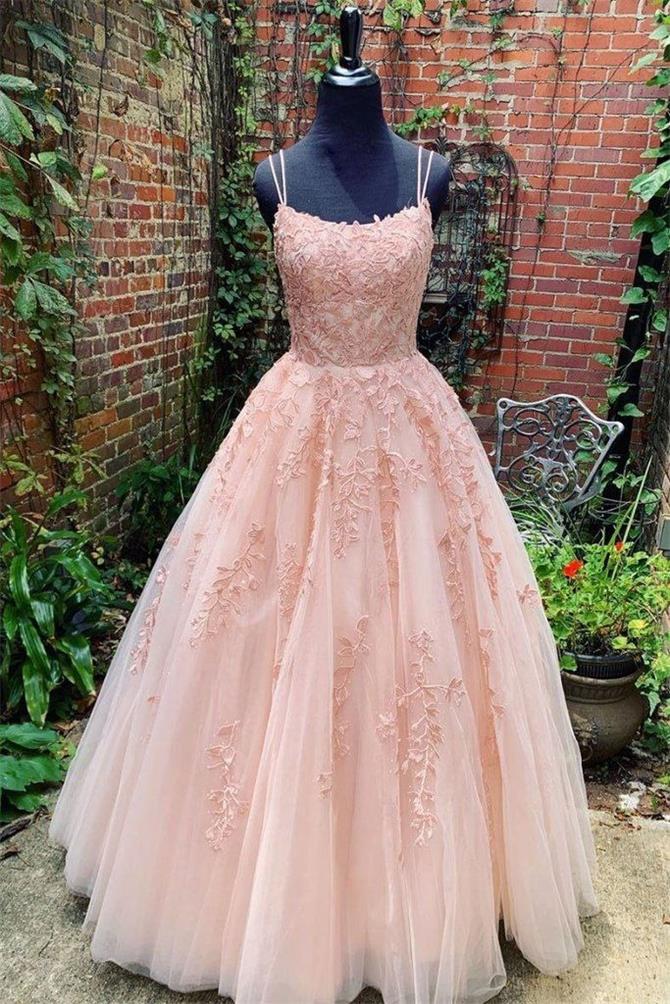 Spaghetti Straps Tulle Sleeveless Long Prom Dresses With Appliques MP196
