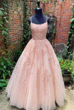 Spaghetti Straps Tulle Sleeveless Long Prom Dresses With Appliques MP196