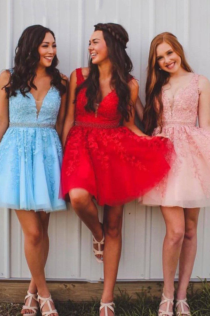 chic a line tulle applique short prom dress v back homecoming party dress