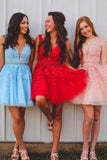 Chic A-line Tulle Applique Short Prom Dress V-back Homecoming Party Dress GM276