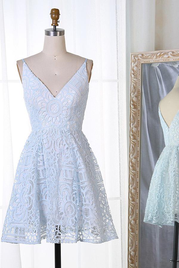 a line lace homecoming dress spaghetti straps v neck short prom dress