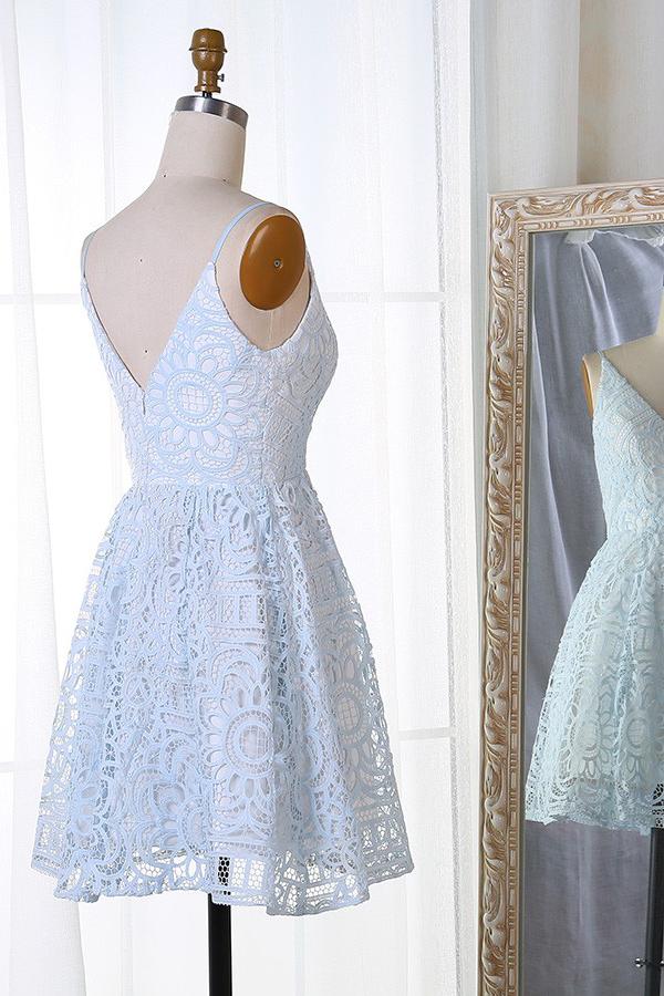 a line lace homecoming dress spaghetti straps v neck short prom dress