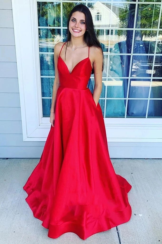 A line v neck red backless prom dresses, pockets formal evening dresses mg192