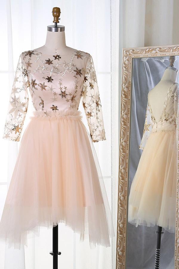 a line bateau 3 4 sleeves stars embroideried tulle homecoming dresses