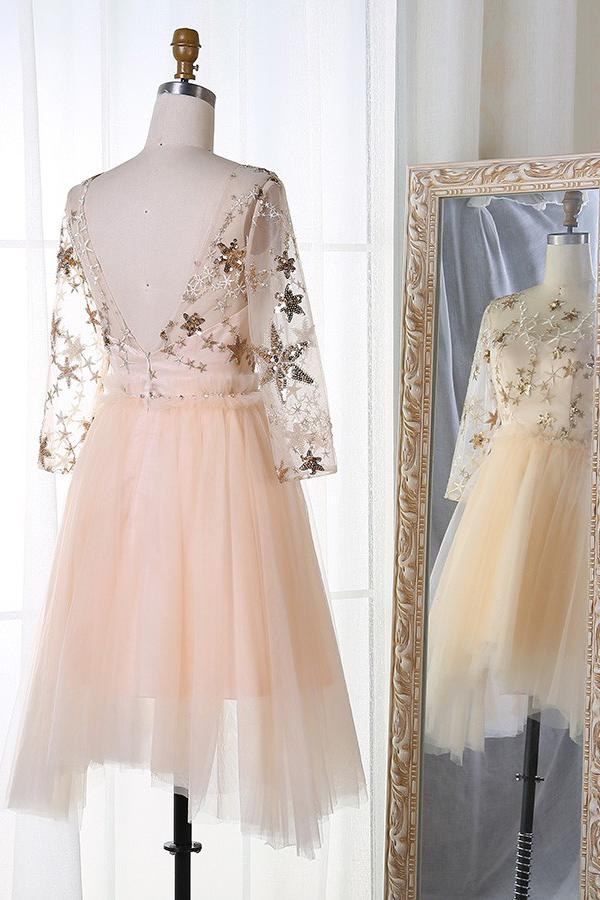 a line bateau 3 4 sleeves stars embroideried tulle homecoming dresses