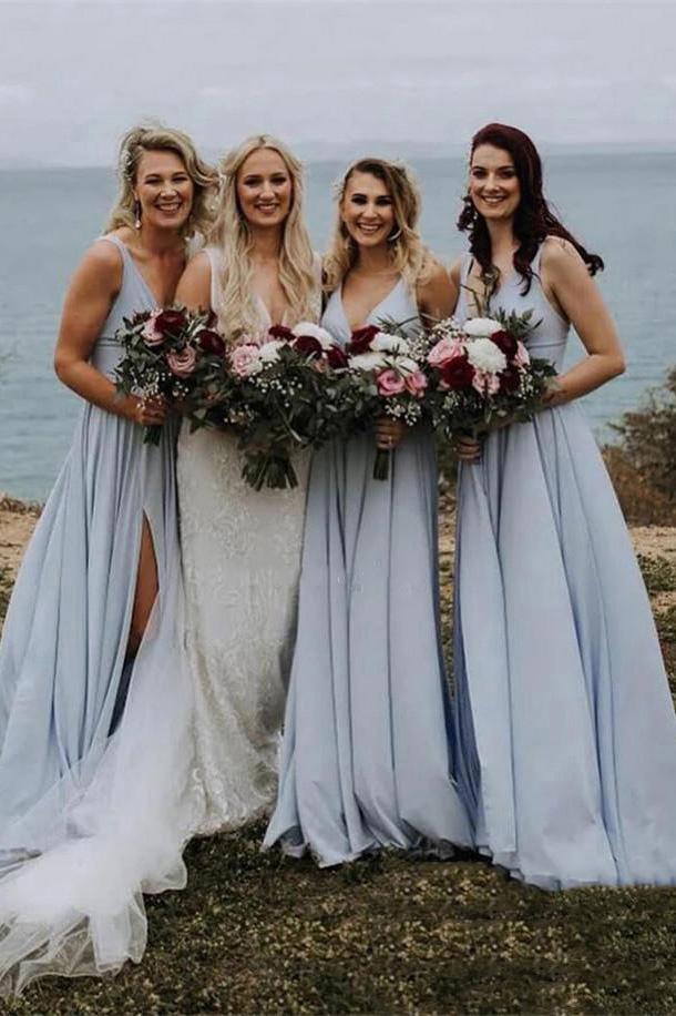 V-neck dusty blue bridesmaid dresses long backless split bridesmaid dress gb392