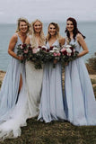 V-neck Dusty Blue Bridesmaid Dresses Long Backless Split Bridesmaid Dress GB392