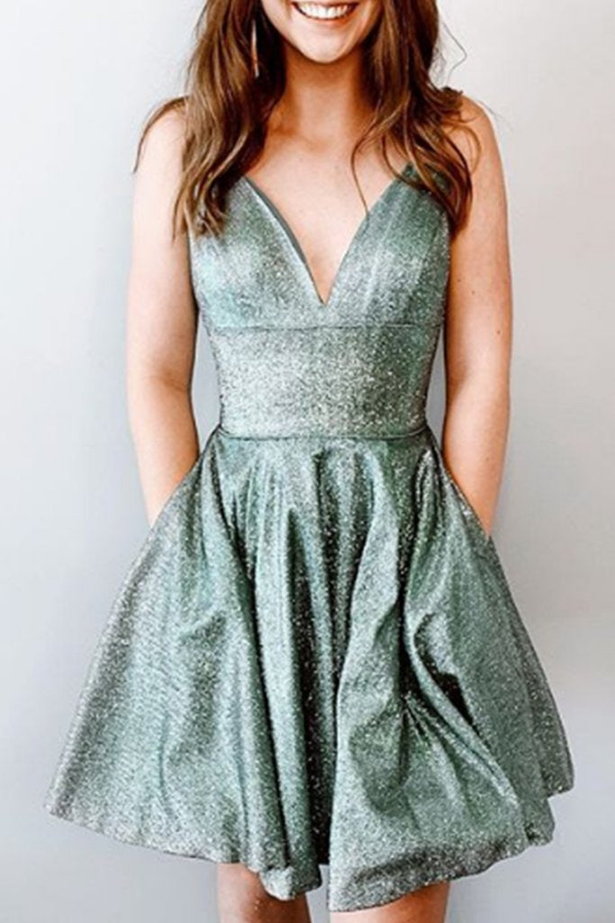 spaghetti v neck short prom homecoming dress sparkle cocktail dress