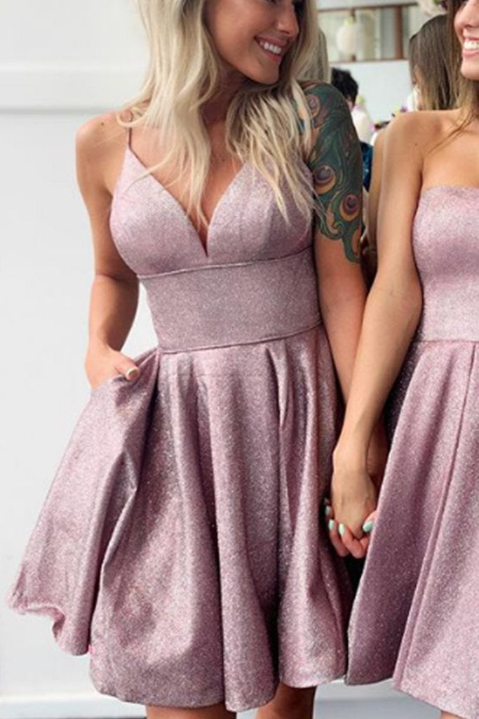 spaghetti v neck short prom homecoming dress sparkle cocktail dress