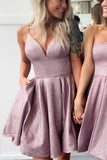 spaghetti v neck short prom homecoming dress sparkle cocktail dress