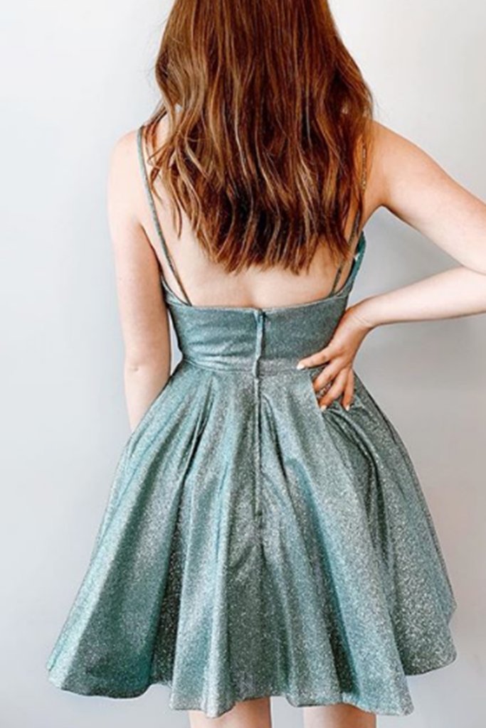 spaghetti v neck short prom homecoming dress sparkle cocktail dress