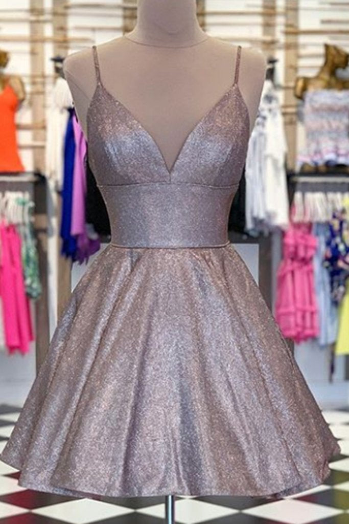 spaghetti v neck short prom homecoming dress sparkle cocktail dress