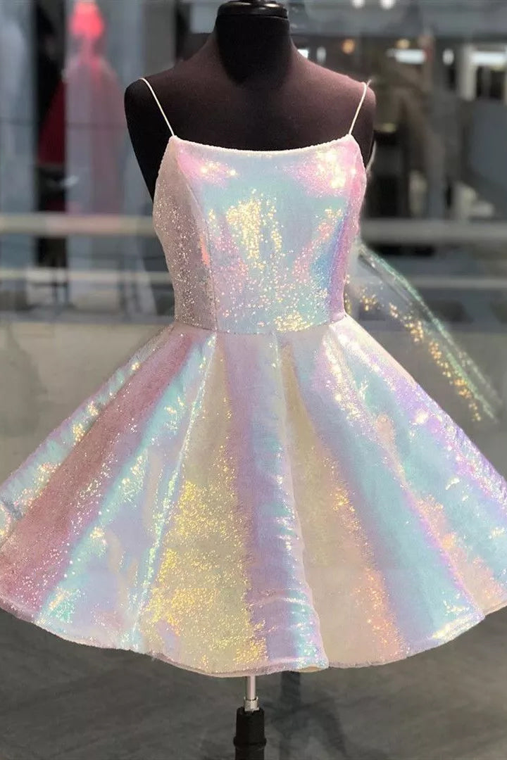 sparkle spaghetti straps mini homecoming dress bling party gown