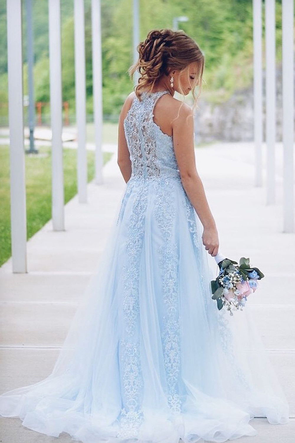 high neck light sky blue lace beading prom dress tulle formal dresses