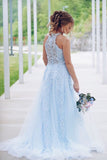 high neck light sky blue lace beading prom dress tulle formal dresses