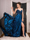 A-line Satin Long Prom Dresses With Beading, Sexy Split Evening Dress MP77