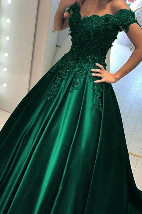 Off Shoulder Green Ball Gown Appliqued Prom Formal Dresses MP129