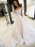 Sheer Round Neckline Tulle Lace Appliques Long Sleeves Wedding Dresses PW50