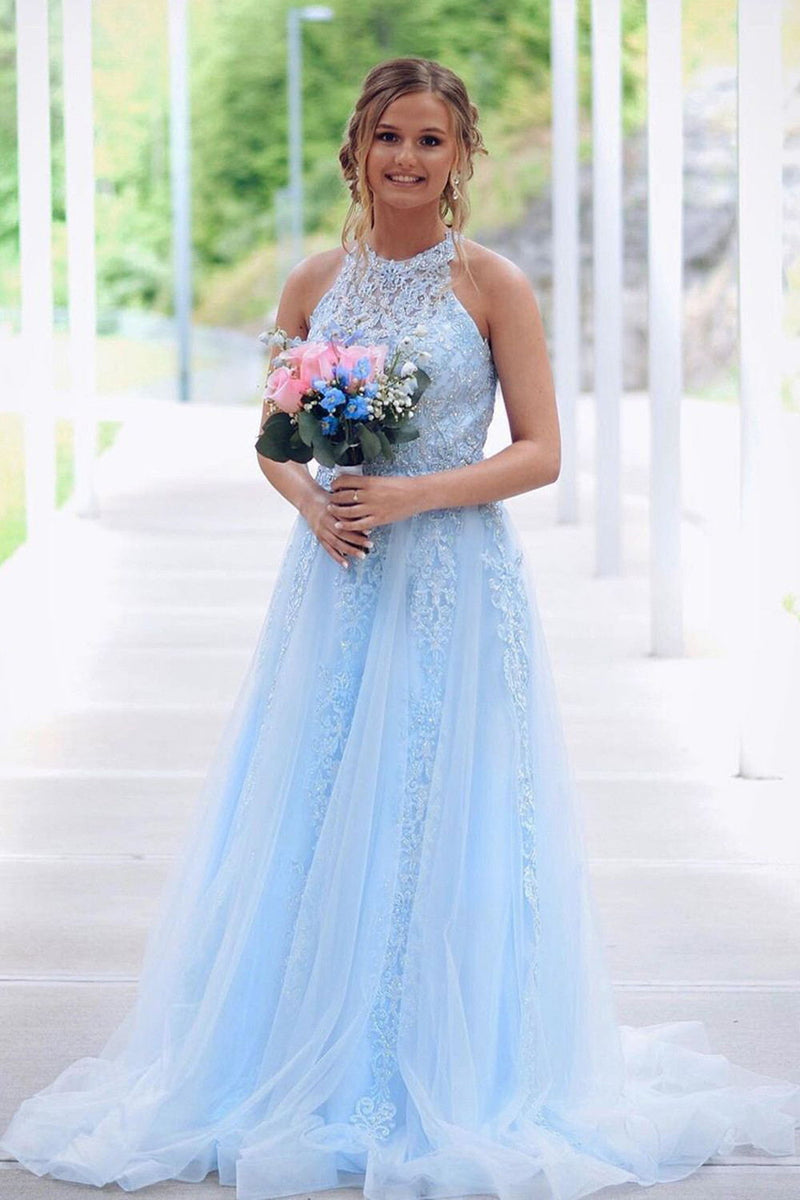 high neck light sky blue lace beading prom dress tulle formal dresses