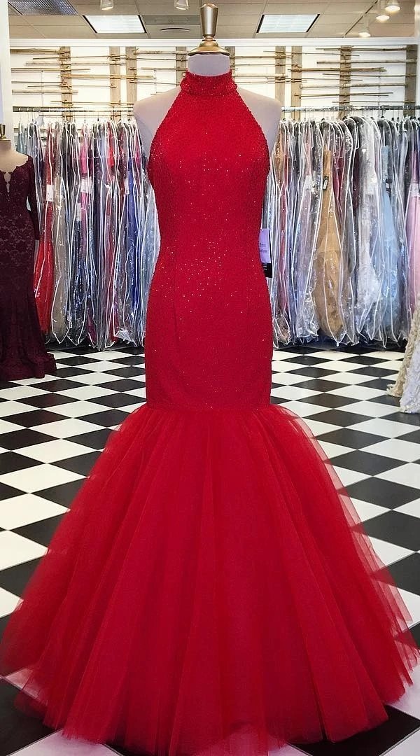 Mermaid halter neckline sparkly prom dresses, long evening dress mg181