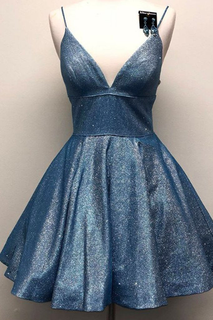 spaghetti v neck short prom homecoming dress sparkle cocktail dress