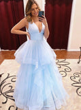 A Line V Neck Light Sky Blue Prom Dresses Long Formal Evening Dresses MP134