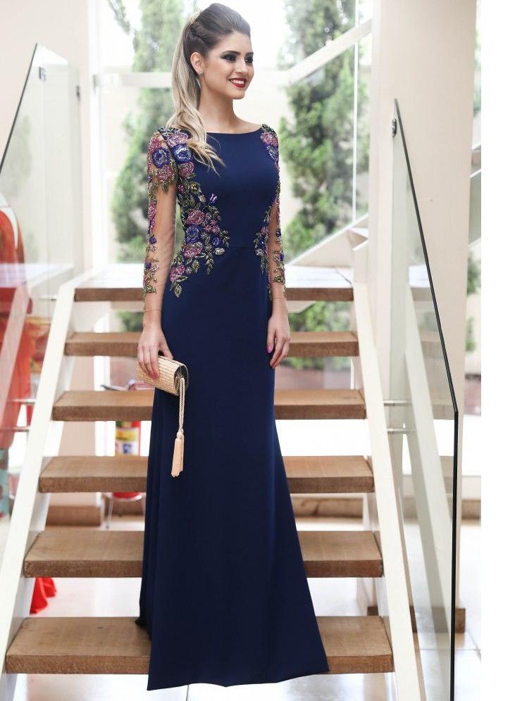 Long sleeves navy blue mermaid prom dresses long formal dresses mg102