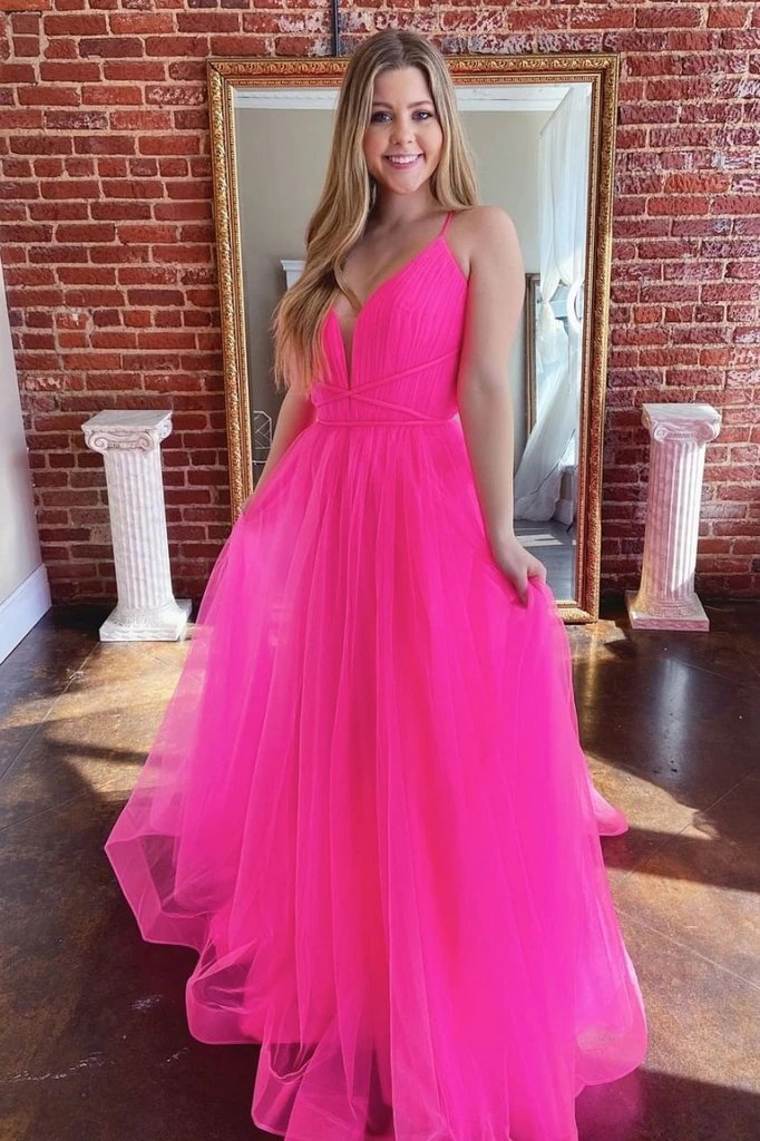 Simple v-neck tulle long prom dresses fuchsia formal dress mg167